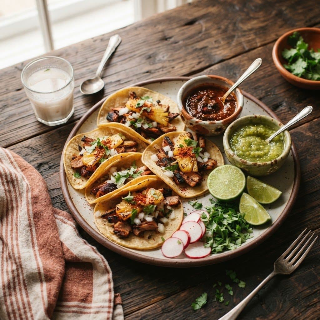 Comida mexicana recién preparada, servida en un plato con salsas